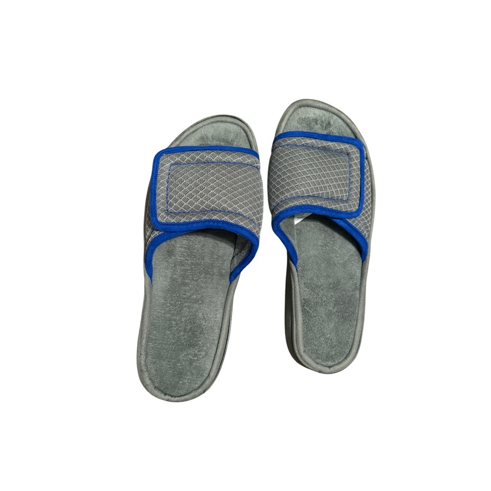 Dearfoams Mens Large Gray Blue Adjustable Strap Comfort Slippers Slides 11-12